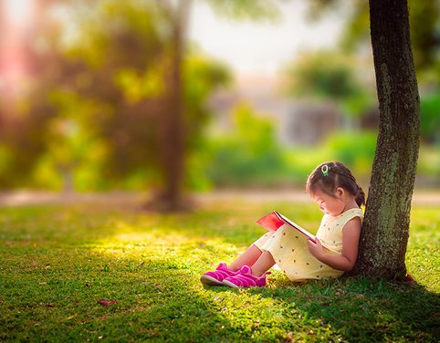 Kindje leest uit boek tegen een boom